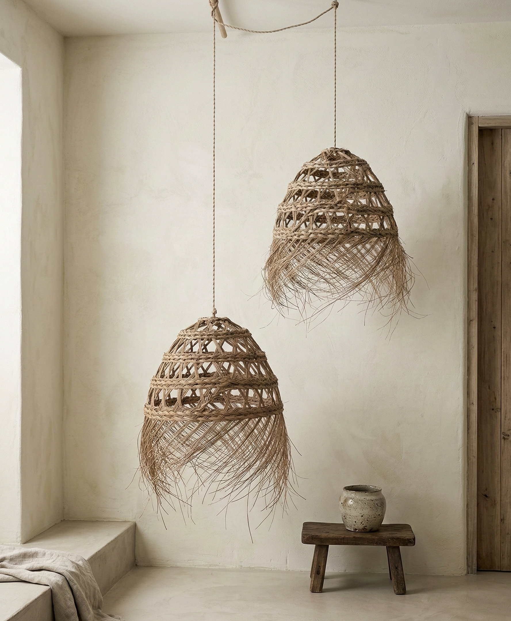pantalla de lámpara artesanal de fibras naturales colgante estilo boho