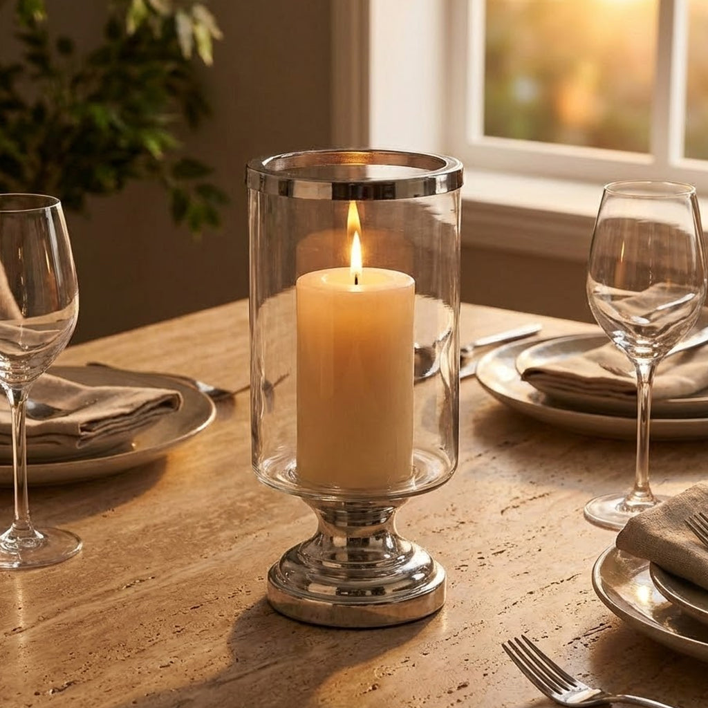 Portavelas de cristal y acero cromado